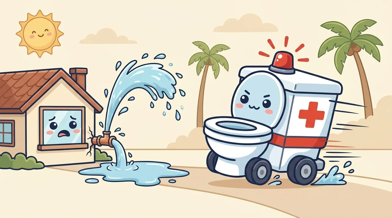 A worried house with a burst pipe spraying water while the Rooter ER ambulance-toilet mascot races to the rescue